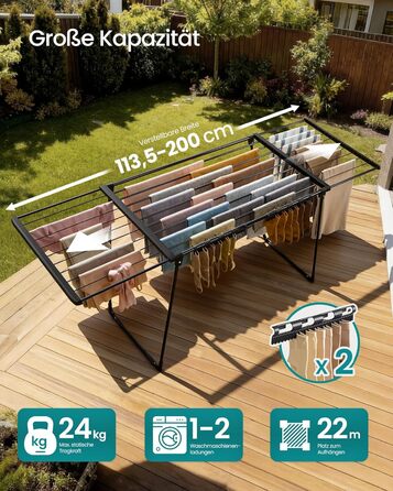 SONGMICS Сушарка для білизни, металева, 52.5 x 173 x 96.5 см, з крилами, для одягу, рушників, шкарпеток, чорна (LLR518G01)