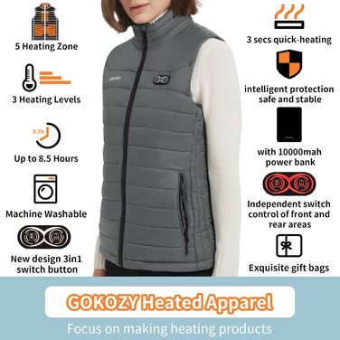 Електрична гріюча жилетка для жінок Gokozy з 5 зонами нагріву та Powerbank, сіра