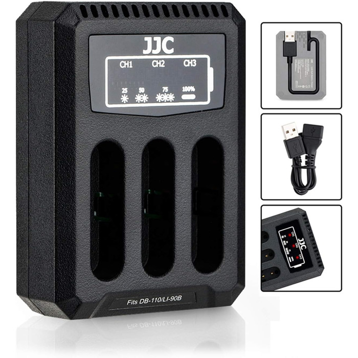 Зарядний пристрій JJC USB, трипортовий адаптер для камер Ricoh GRIII WG-6, Olympus Tough TG-6, TG-5, TG-4, TG-3, TG-2, TG-1, Stylus X-Z2 iHS, SP-100 та Olympus/Ricoh Olympus LI-90B/Ricoh DB-110