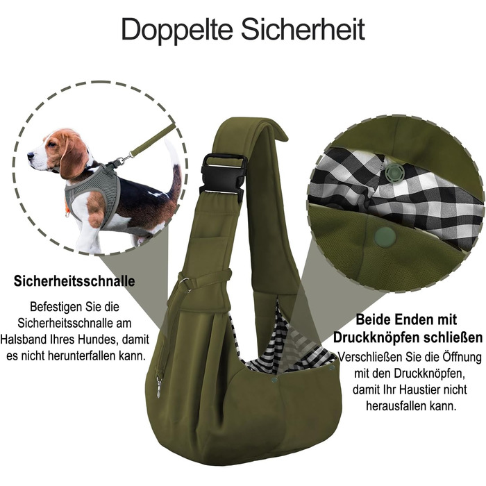 Сумка-переноска для собак PetLoft Tragetuch, реверсивна, для маленьких собак, регульована, з отвором для кріплення нашийника, для собак/кішок/кроликів (Хакі)