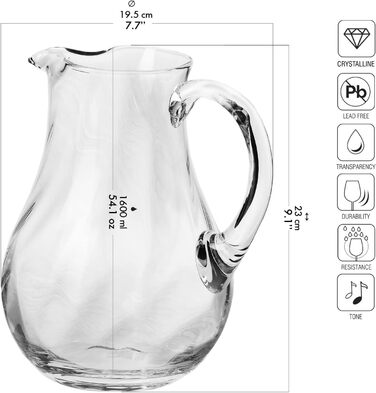 Krosno - Water Pitcher Glass Pitcher 1600 ml Romance Collection - Crystalline Glass Wine Carafe Red Wine Water Carafe Carafe for Drinks Glass Carafe Water and Juices Whisky Ice