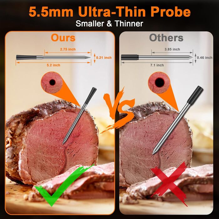 Розумний термометр для м'яса 800FT з тонким зондом 5.5мм, Bluetooth 5.3, для гриля, BBQ, кухні, духовки, коптильні (чорний)