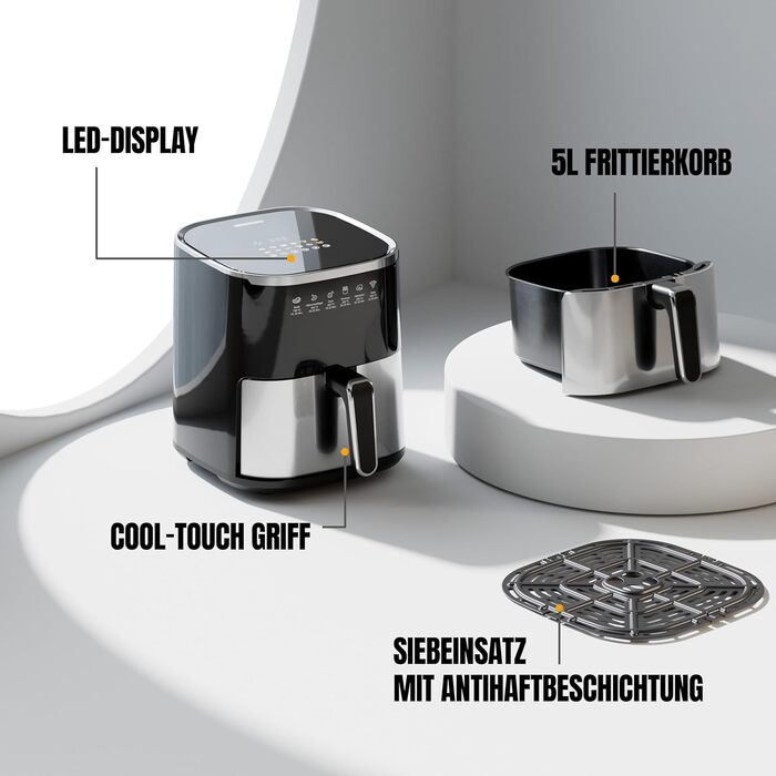 Фритюрниця повітряна HEINRICHS 9 літрів XXL, 10-в-1, LED-дисплей, 1800W, для здорового харчування