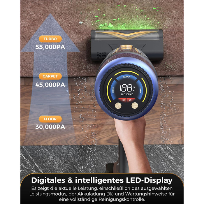 Бездротовий пилосос Proscenic P15: 55KPa, 580W, 70 хв, LED дисплей, антизаплутана щітка, фільтр GreenEye, для твердих поверхонь, килимів, шерсті тварин, авто