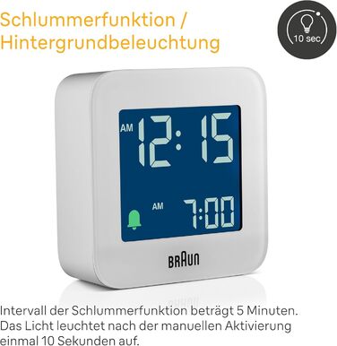 Braun Digital Travel Alarm Clock with Snooze Function, Compact Size, Negative LCD Display, Quick Set Function, Crescendo Alarm in White, Model BC08W.