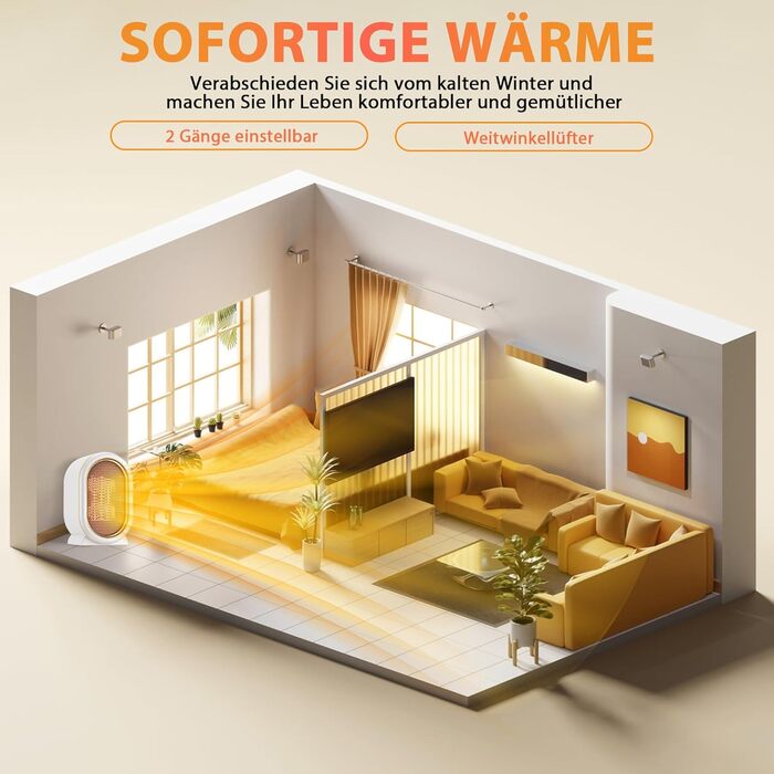 Електричний обігрівач 1200W з PTC-керамічним нагрівом, 2 режими, стабільна температура, захист від перегріву та перекидання, тихий, компактний, для дому, спальні, офісу