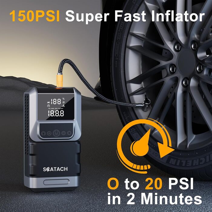 Пусковий пристрій для авто (бустер) з компресором 6000А, 150 PSI, 12V для бензинових (до 10.0л) та дизельних (до 8.0л) двигунів, з LCD-дисплеєм та ліхтариком