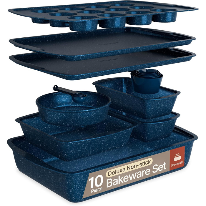 Набір форм для випічки Royal Blue (10 шт.), з антипригарним покриттям, з вуглецевої сталі, стакеможний, економний, придатний для миття в посудомийній машині, стійкий до бруду, без PFOA/PFOS/PTFE, термостійкий до 230°C