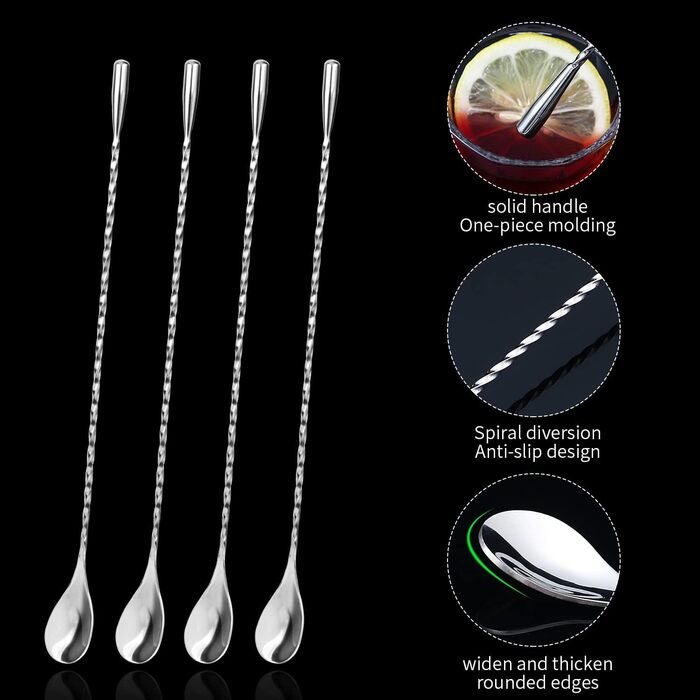 Набір з 4 барних ложок для коктейлів з нержавіючої сталі з спіральним візерунком. Ідеально підходять для Мартіні, кави, шейкерів та барів.