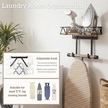 Підставка для прасувальної дошки PERFNIQUE з відкидною конструкцією, знімні гачки (T- та V-подібні), кошик з дерев'яною основою, декор у стилі фермерської кухні, органайзер для прання