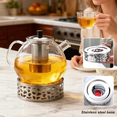 Скляний чайник для заварювання чаю з підставкою-підігрівачем та ситечком, 1500 мл, для листового та фруктового чаю