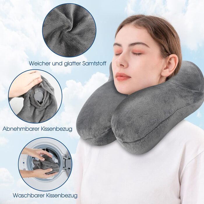 Подушка для шиї BBjinronjy надувна для подорожей, літака, офісу, авто, кемпінгу, з чохлом з м'якого велюру, ергономічна, з навушниками (сіра)