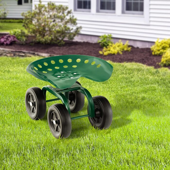 COSTWAY Rolling Seat with Wheels, 360° Swivel | Height Adjustable, Mobile Garden Seat Outdoor Garden Stool, up to 150 kg | Wide Tires, Garden Rolling Seat Metal, for Gardening & Car Care, Green