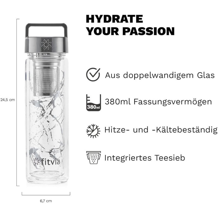 Термопляшка Fitvia Silver Marble 380 мл – термоізольований стакан з малюнком мармур, сито для чаю, зручна ручка