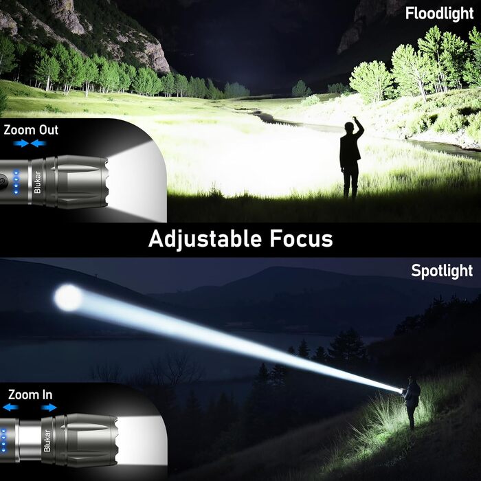 LED ліхтарик Blukar з регулюванням температури світла, 2000L, зум, 10 режимів, вологостійкий, для кемпінгу та активного відпочинку (сірий)