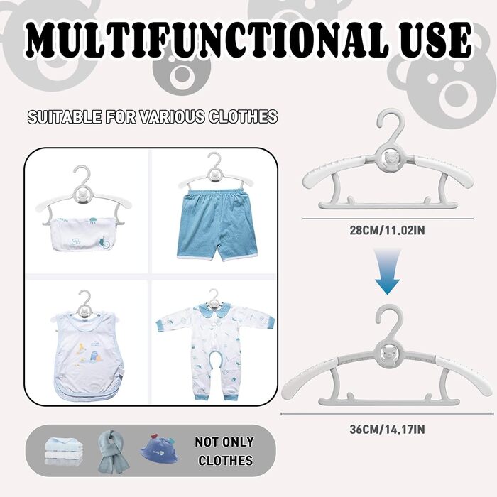 Вішалки для дитячого одягу HGYZE, 20 шт., 29-37 см, з підвішуванням для штанів, пластикові, стакові, регульовані, сірі та білі