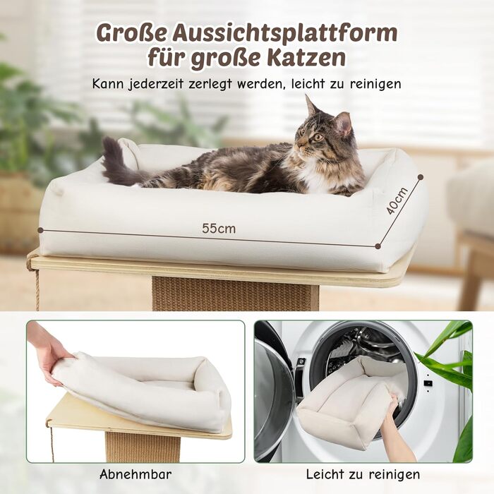 Котячий будиночок з дряпалкою Luxus: широка колона з берези, міцний, до 25 кг, сизаль, велике ліжко з подушкою з органічної льону, легко збирається, бежевий колір