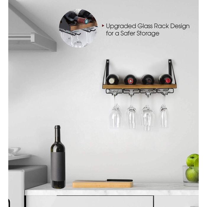 Стильна полиця для вина Jackcube MK478A з дерева в рустикальному стилі, настінна, з 4 металевими тримачами для келихів, декор для кухні, органайзер для зберігання