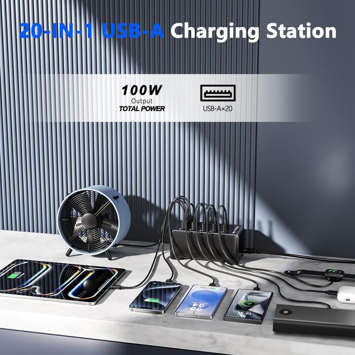 USB-зарядний пристрій 20 портів 100W/20A, настільна станція для iPhone 14/15/16, Samsung Galaxy S23/S24, Google Pixel, планшетів та інших USB-пристроїв