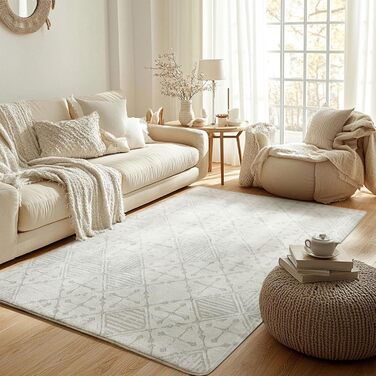 Килим Leesentec для вітальні, спальні: геометричний, сучасний, антиковзаючий, короткий ворс, бежевий, великий, білий (слонова кістка, 80*120 см), кремовий/світло-сірий білий (160x200 см, прямокутний)