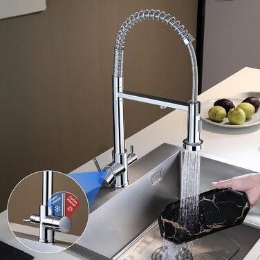 3-х шляхова кухонна змішувач з поворотним виливом 360°, 2 функції (душ, аератор), 3-в-1, з фільтром, з міді та нержавіючої сталі, з гнучкою насадкою для душу, хром