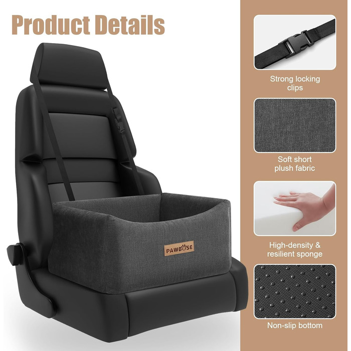 Автокрісло для собак, середнього розміру, до 15 кг, з ременем безпеки, знімний та миючий, сірий