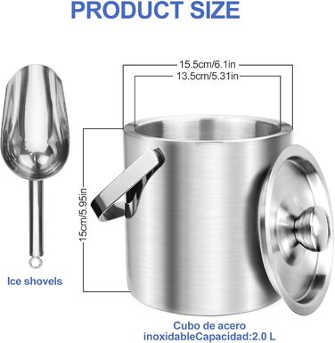 Ейскюбель 2L: Ізольований ейскюбель з кришкою та шуфлером з нержавіючої сталі. Ідеально для пива, шампанського, вина та напоїв.