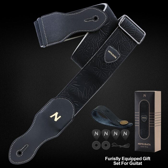 Гітарний ремінь Nefelibata з кишенькою для медіатора, 2.3 дюйми, веганська шкіра, стиль Porter, 60-ті, вестерн, вінтаж, регульований (42-66 дюймів), чорний