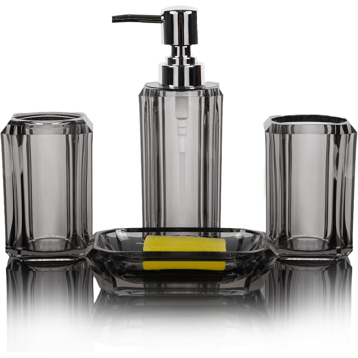 Набір аксесуарів для ванної кімнати з акрилу преміум-класу (4 шт.): дозатор для дезінфектора, диспенсер для лосьйону, мильниця, стакан для ополіскувача, стакан для зубної пасти (щіткова чорна/сіра)