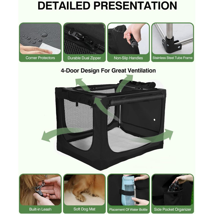 Складана переноска для собак середніх порід, 76x54x54 см, зелена/чорна (60x42x42 см)