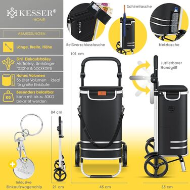 Розкладний візок KESSER® для покупок з великою місткістю 56 л та вагою до 50 кг | 3-в-1: візок, візок-мішок, сумка через плече | Зі зручним відсіком для охолодження та підіймачем для сходи | Чорний