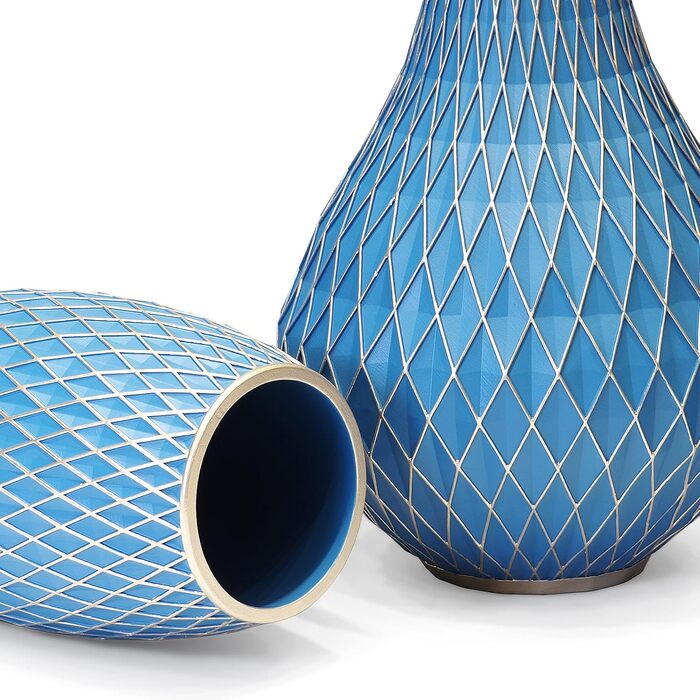 Декоративна ваза для дому, блакитно-золота, з діамантовим візерунком, овальна | Декор інтер'єру, подарунок на новосілля