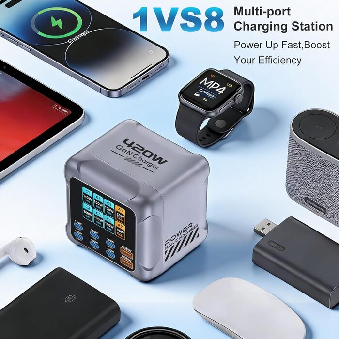 Зарядний пристрій GaN 8-в-1, 420W USB-C, LCD-дисплей, PD140W/QC60W, для iPhone 17/16/15, iPad, Android, планшетів (Срібний)