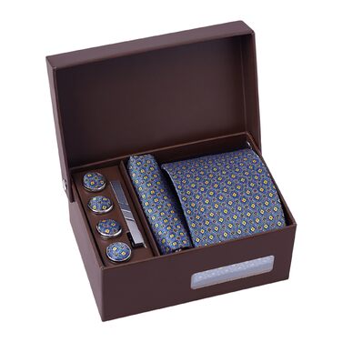 Подарунковий набір для чоловіків: краватка, хустинка, запонки, зажим для краватки, ґудзики для манжетів в елегантній коробці для офісу, весілля, костюма. Жовто-блакитний з мікро-візерунком