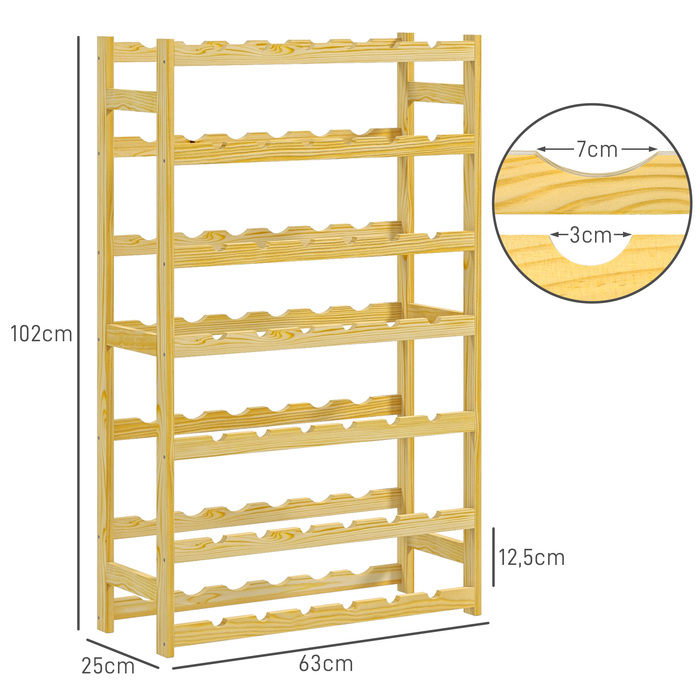 HOMCOM Wine Rack 63 x 25 x 102 cm for 42 Bottles with 7 Shelves, Freestanding Rack and Tip-Over Protection in Natural Wood Finish