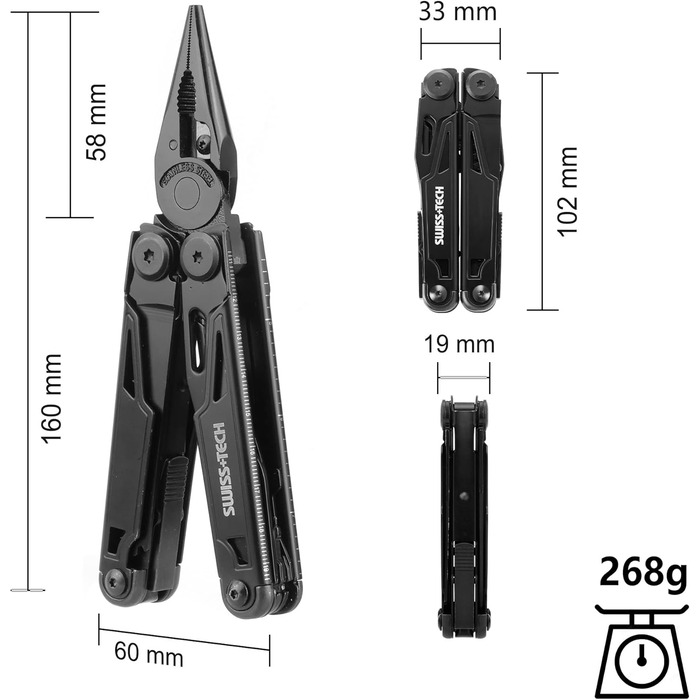 Мультитул Swiss+Tech 16-в-1: мультиінструмент з ножем, пилкою, плоскогубцями та ін. для кемпінгу та ремонту, з чохлом