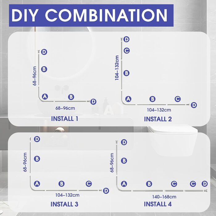 Регульована штанга для душу L-Form, нержавіюча сталь, 68–96 см × 68–96 см, водовідштовхувальна, з 12 кільцями, комплект гвинтів, 90 градусів