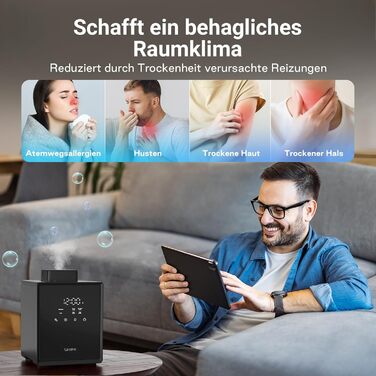 Зволожувач повітря для спальні та вітальні з верхнім заповненням, 3L, нержавіюча сталь, теплий туман, знищує 99,97% бактерій, з режимом сну, білий (чорний)