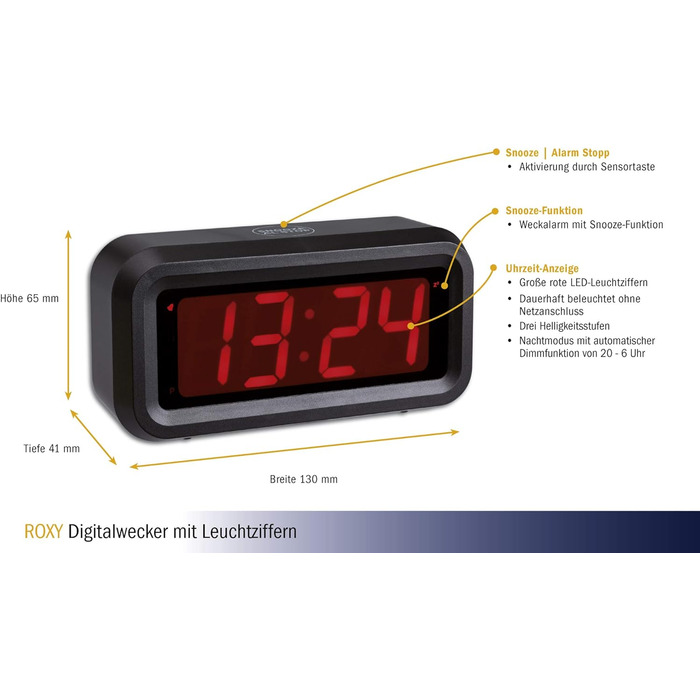 TFA Dostmann ROXY Digital Alarm Clock/Digital Clock/Table Clock, 60.2024.10, with Snooze Function, with Alarm Function, energy-saving LED technology, anthracite, L 130 x W 41 x H 65 mm