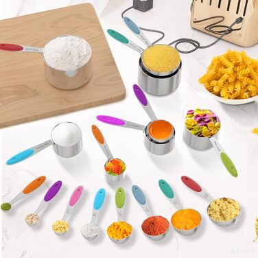 Minteem Measuring Cup and Spoon Set, 10-Piece Stainless Steel Measuring Cup Set with Colored Silicone Handle, Nesting Measuring Cups for Dry or Liquid Ingredients