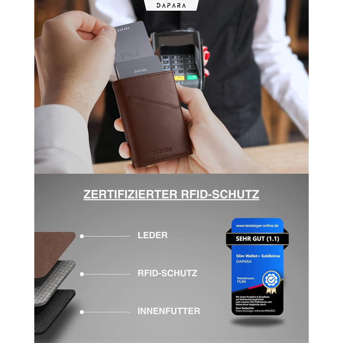 Чоловічий гаманець DAPARA з RFID-захистом | Тонкий гаманець для чоловіків з відділенням для монет | Гаманець-картхолдер на 12 карт | Коричневий гаманець Espresso Mini з натуральної шкіри