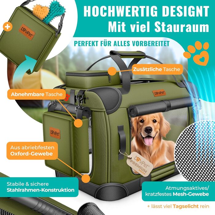 Транспортна переноска для собак та котів (XXL, Хакі) | З підлітком для їжі та плечовим ременем | Складна переноска для тварин