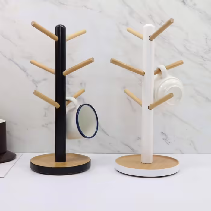 Removable Wooden Tree Cup Shelf, Coffee Cup Holder for Coffee, Tea, Mug, Display Stand, Coffee Bar Accessories with 6 Hooks (white)