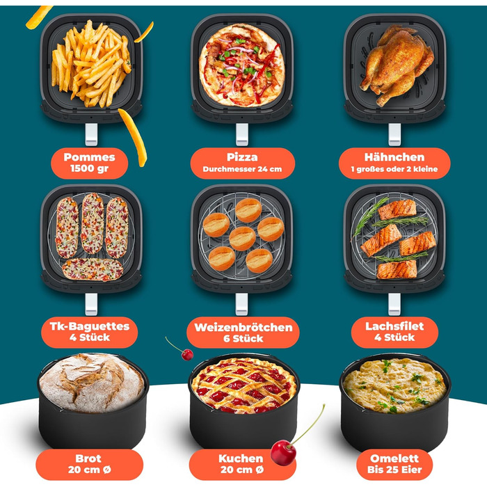Stillstern Airfryer з оглядовим вікном, 8л, з парою та функцією Shake, 80-200°C, 1800W, таймер 120хв, 100 рецептів, чорний