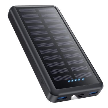 Power Bank 26800mAh USB-C Solar Powerbank PD 3.0A, Водонепроникний акумулятор з LED ліхтариком для iPhone/Samsung та кемпінгу, Чорний