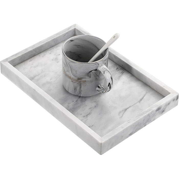 BSTKEY 30x20cm Natural Marble Stone Storage Tray, Decorative Rectangular Plate Tray Organizer for Kitchen Bathroom Dresser Decor Vanity Counter Coffee Table, Grey
