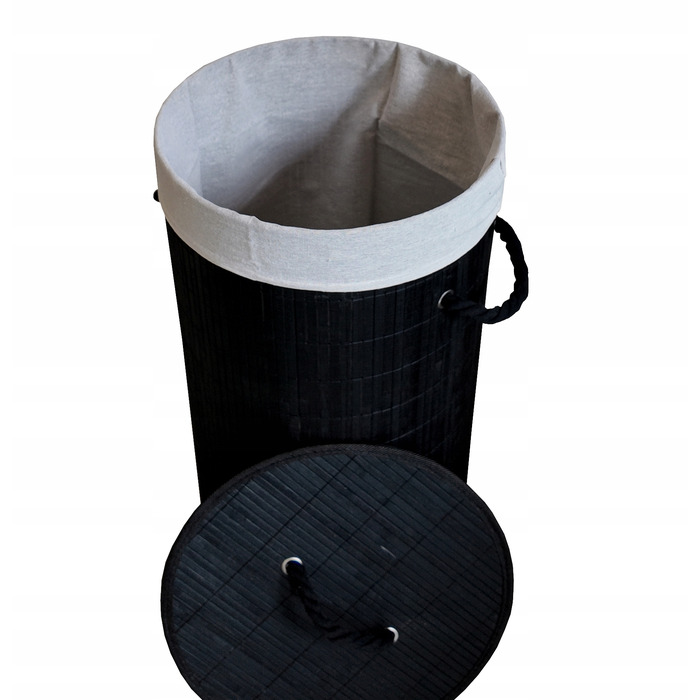 Великий круглий бамбуковий кошик для білизни з кришкою, 60 л, чорний