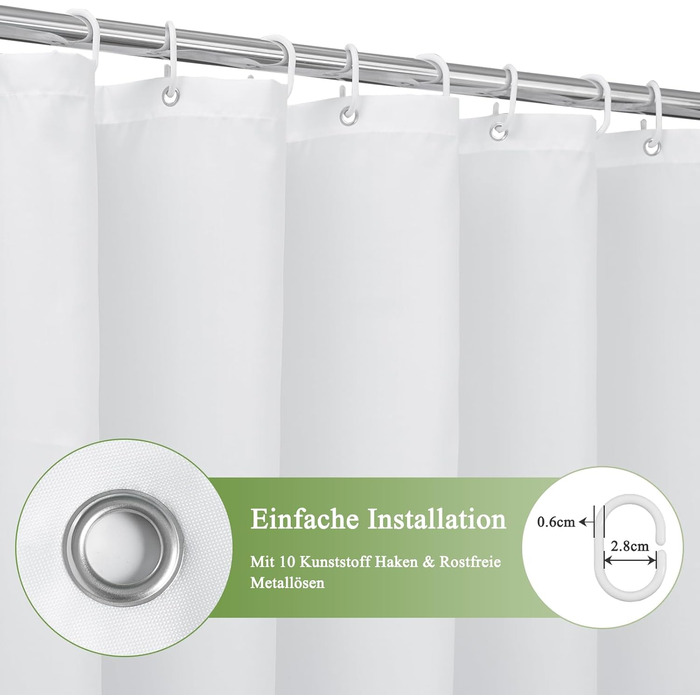 Шторка для душу AooHome 180x200 см, текстиль, градієнт кольору, водонепроникна, антигрибкова, з кільцями (білий/чорний), 1 шт.