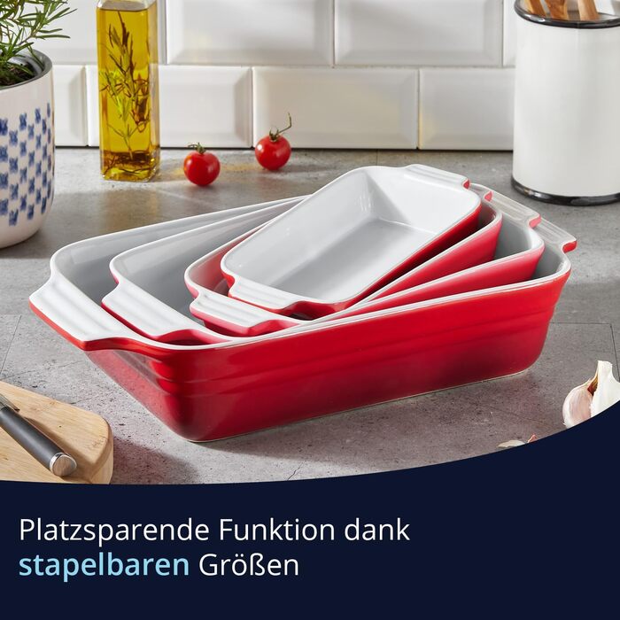 Форма для запікання KHG середнього розміру 34 см, 1,75 л, червона, для 3-4 осіб. Прямокутна керамічна форма для запікання з каменю, стійка до подряпин. Підходить для лазаньї, тірамісу та інших запечених страв. 1 шт. (34 см)