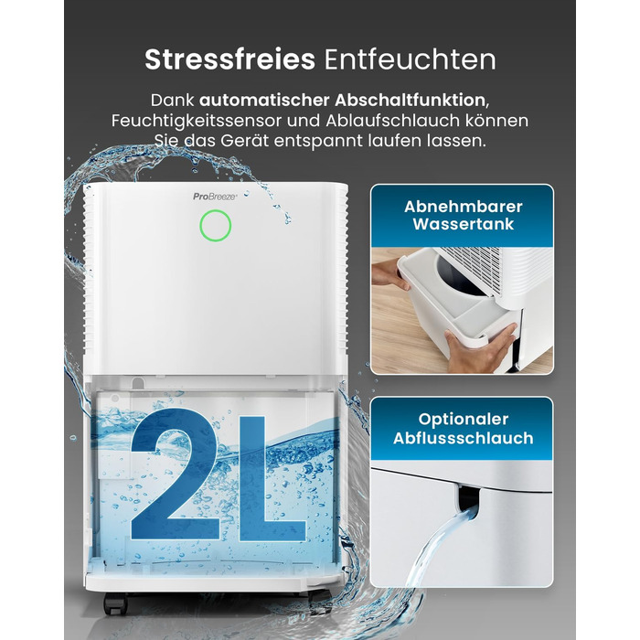 Pro Breeze OmniDry Dehumidifier 12L/24h Dehumidification Performance - Electric Dehumidifier, Humidity Sensor, Drain Hose, Digital Display, Sleep Mode, Timer - Against Humidity, Mold